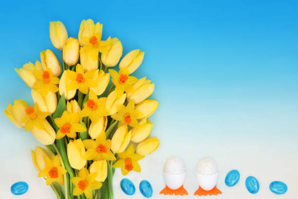Easter centerpiece of flowers and eggshells
