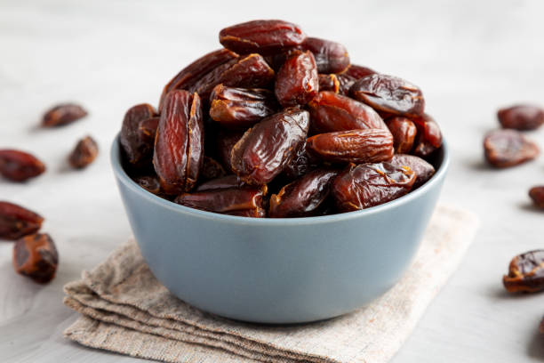 istock Pitted Organic Dates in Bowl on gray background, side view. 2185211793