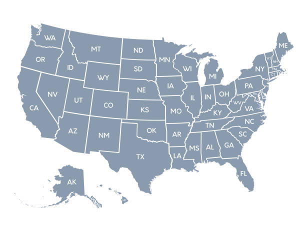 USA map isolated on white background including Hawaii and Alaska with short name abbreviation for each state. Detailed map with divided states, with separate layers for each state. Vector illustration