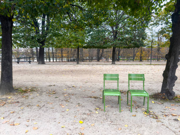 Paris, France - January 10, 2024. View of metal chairs located in a public garden, illuminated by the sunset of the Parisian capital.