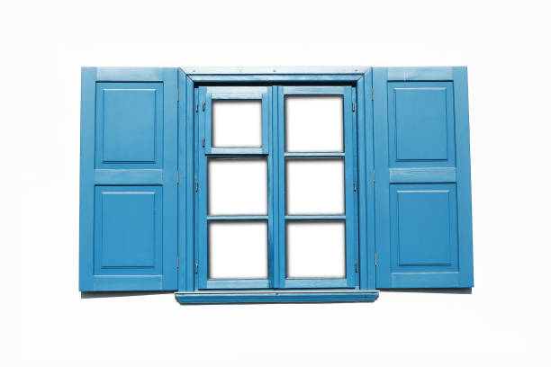 istock Wooden window frame isolated on white. Empty copy space rustic cottage house. Blue paint window background. 2185214935