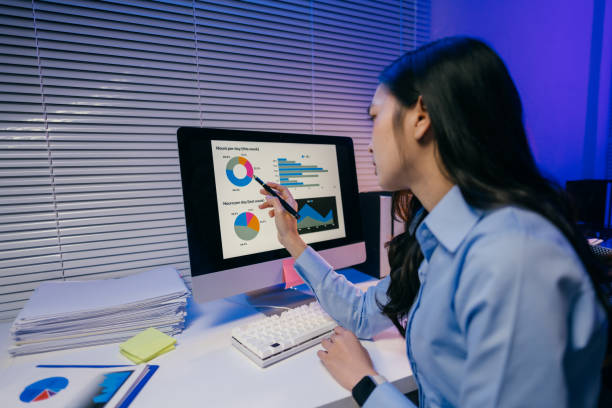 Young businesswoman is pointing at charts displayed on a computer screen, working late at night in a modern office, analyzing data for business decisions