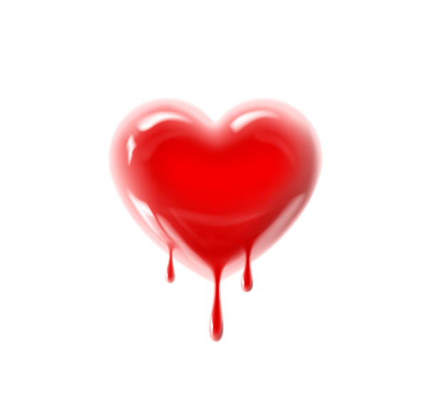 istock Bleeding glossy heart shape with blood drops. Valentine's heart. Dripping love 2185216000
