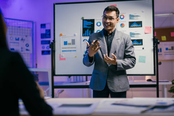 istock Asian businessman is presenting a business plan using a whiteboard and charts in an office meeting room, explaining strategy to his colleagues 2185216052