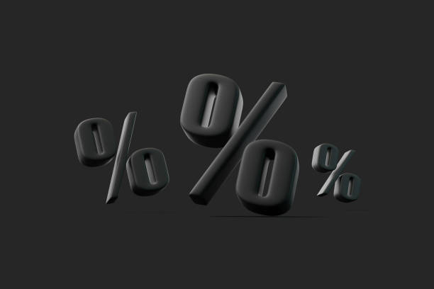 Three black percent signs on a dark background, symbolizing percentages, discounts, finance, interest rates, and sales promotions. 3D render illustration