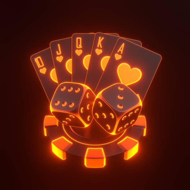istock Neon Orange Poker Cards and Dice on Chip. 3D render illustration 2185216965