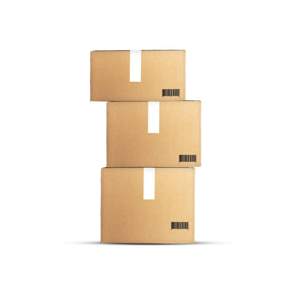 istock Cardboard boxes for transportation of goods, with barcode, isolated on a white background. Design element for carrier and delivery company. 2185217030