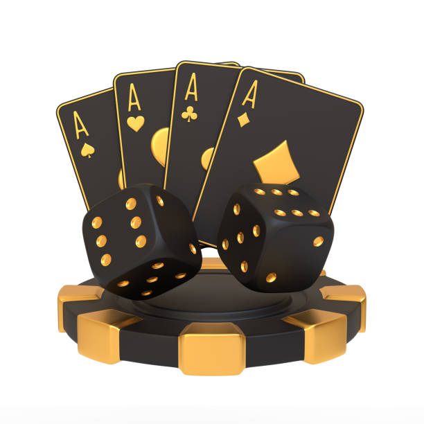 istock Black and Gold Casino Elements Aces, Dice, and Poker Chip. 3D render 2185217058