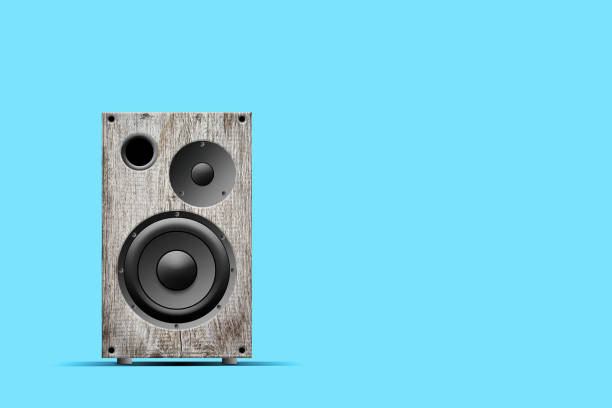 Wooden audio speaker on a blue background. Copy space. Device for playing music. Musical background.