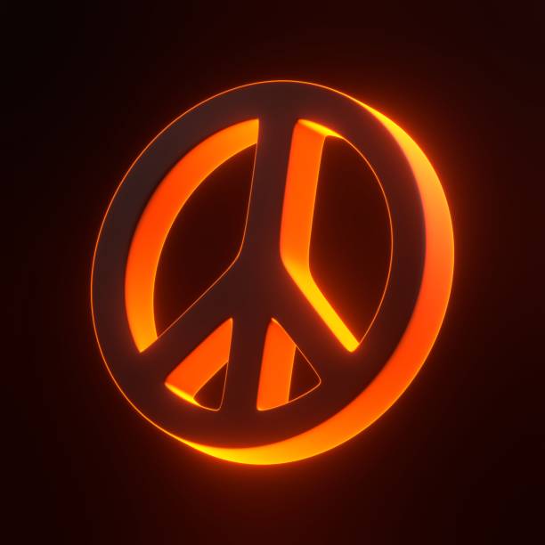 Peace symbol in orange neon light against a dark background, representing peace, unity, and glowing futuristic design. 3D icon, sign and symbol. 3D render illustration