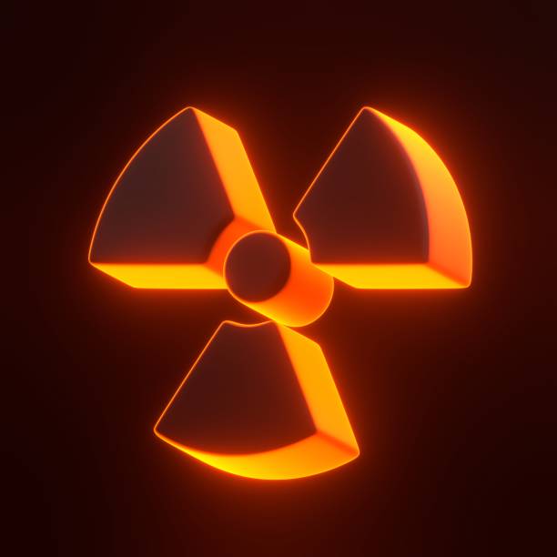 A glowing neon radioactive hazard symbol in bright orange, representing radiation or nuclear danger, against a dark background. 3D icon, sign and symbol. 3D render illustration