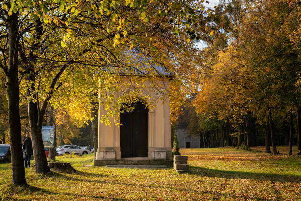 The eighteenth-century chapel that is part of the Calvary in the park around the sanctuary on Mount St. Anna in a beautiful autumn appearance.