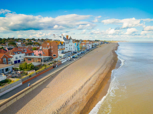 Aerial view of a the wonderful Suffolk, UK beach of Aldeburgh. stock photo