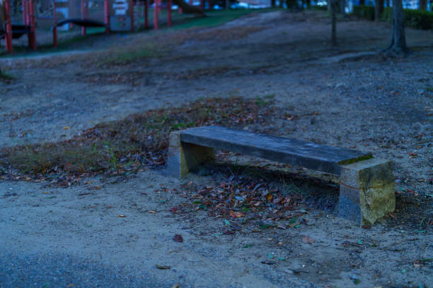 Material of a park bench at dusk in winter.