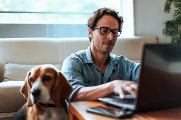 Mid-aged man comfortably working at home sitting on the floor with his Beagle dog by his side Mid-aged man comfortably working at home sitting on the floor with his Beagle dog by his side