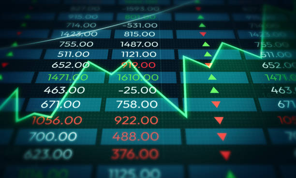 istock Stock market showing growth and profit with green graph, colorful numbers on blue backdrop. Business and finance market up concept design 2185238306