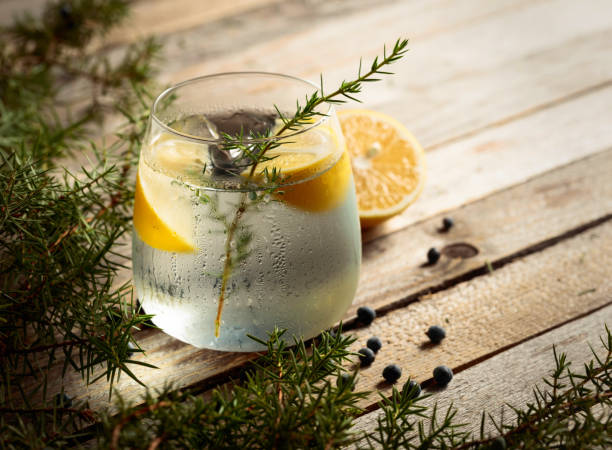 istock Drink with lemon, juniper branch, and ice on rustic wooden table. 2185239056