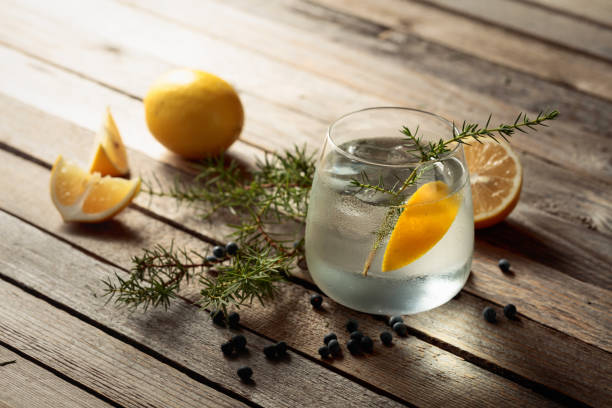istock Alcohol drink (gin tonic cocktail) with lemon, juniper branch, and ice on rustic wooden table. 2185239060