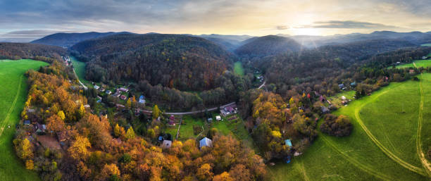 istock Drone panorama of autum forest mountain at sunset. 2185242724