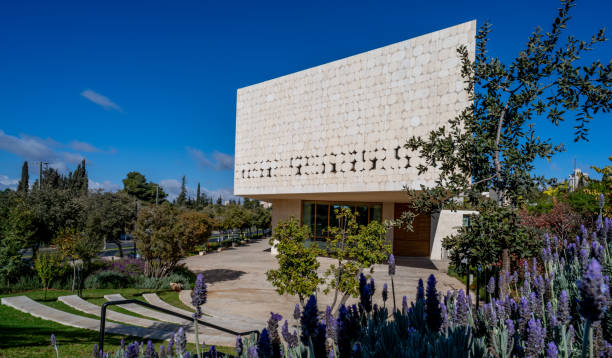 Exterior of the National Library with an adjoining flower garden
