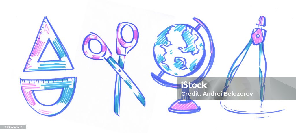 Compass Ruler Scissors Set Ruler Compasses Scissors Top View Side View Isolated Illustration ...