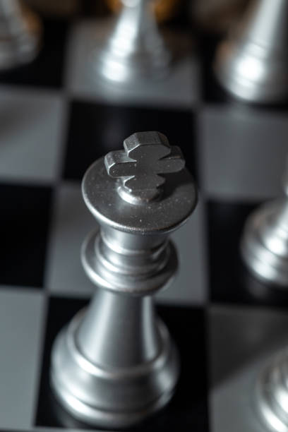 Chessboard with close up selective focus of white King chess game piece
