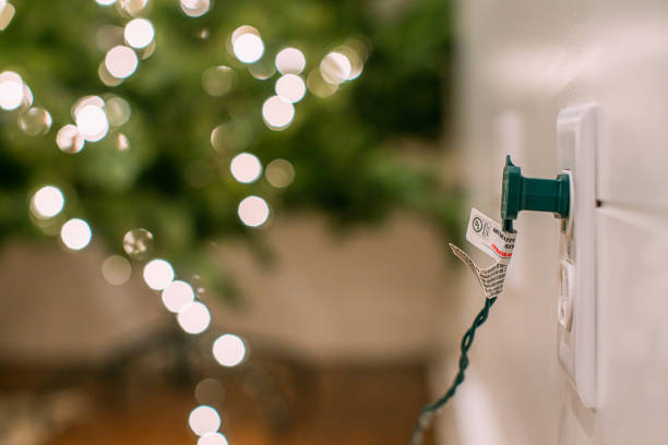 USA Type A Electrical Connector with a built-in fuse Plugged into a Wall Outlet powering Christmas Lights Decorating a Tree for the holidays