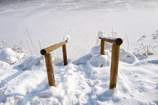 Wooden handrail between land and the frozen water of the lake in the forest under snow