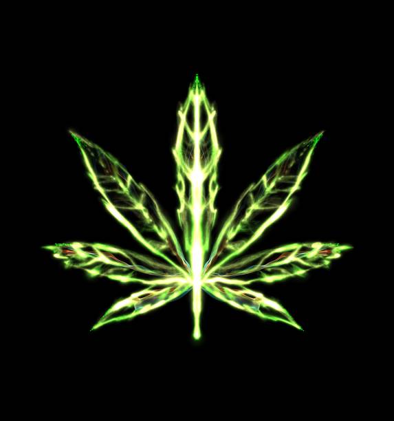 istock Transparent Abstract glowing Cannabis or Marijuana leaf. Neon Sign. luminous, iridescent symbol dark background. Isolated on black glow icon. 2185249799