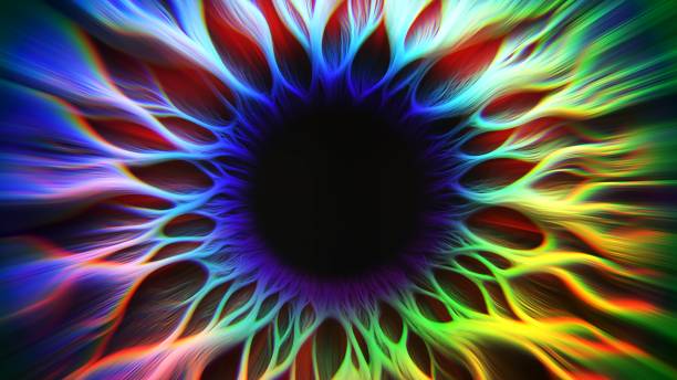 istock Abstract close-up colorful cosmic volumetric human eye iris with distortion refraction glow effect. Artificial intelligence concept background for banner or poster. Teleport or magic portal. 3d render 2185249884