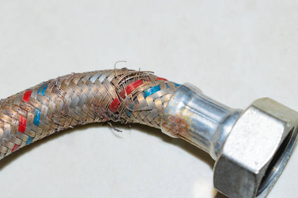 water hose to the mixer with a cracked and rusty braid. replacement is necessary. close-up