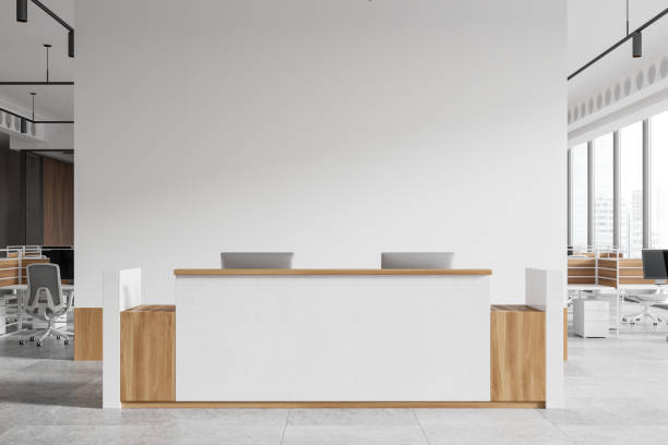 istock Office room interior with reception desk and coworking space. Mock up wall 2185251589