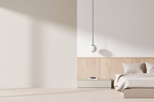 istock Minimalist bedroom interior with blank wall for mockup. 3D Rendering 2185251657