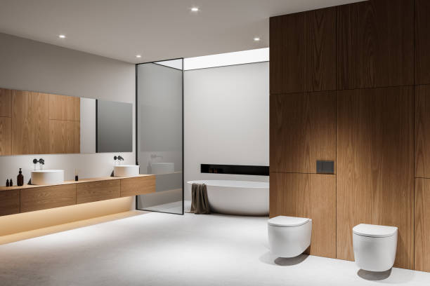 istock Modern bathroom with wood accents and minimalist design. 3D Rendering 2185251691