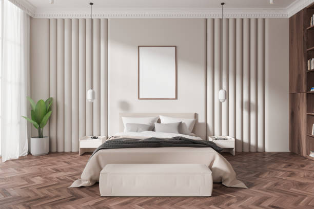 istock Modern bedroom interior with blank wall space for poster. 3D Rendering 2185251924