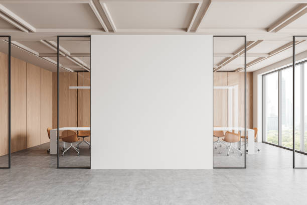 istock Office meeting interior with board and armchairs, panoramic window. Mockup wall 2185252151