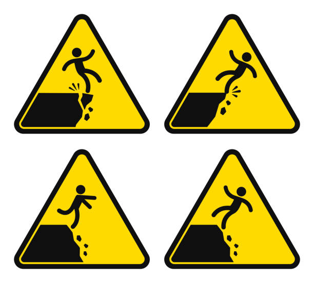 Falling from cliff danger sign set Falling from cliff danger sign set. Yellow triangle shape. Unstable cliff edge, crumbling slope, tripping hazard. Black and white silhouette vector illustration. road warning sign stock illustrations