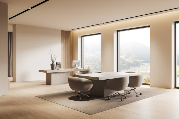 istock Modern office interior design with natural light and minimalistic furniture. 3D Rendering 2185252391