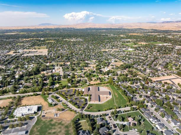 istock Residential par to small town with distant fire 2185252722
