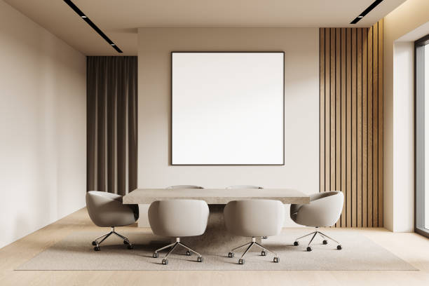 istock Cozy beige office meeting interior with conference board. Mockup frame 2185253275