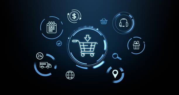 istock Glowing hologram with shopping cart and e-commerce icons 2185253333