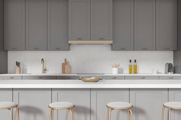 istock Classical home kitchen interior with cooking cabinet, bar island and kitchenware 2185253553