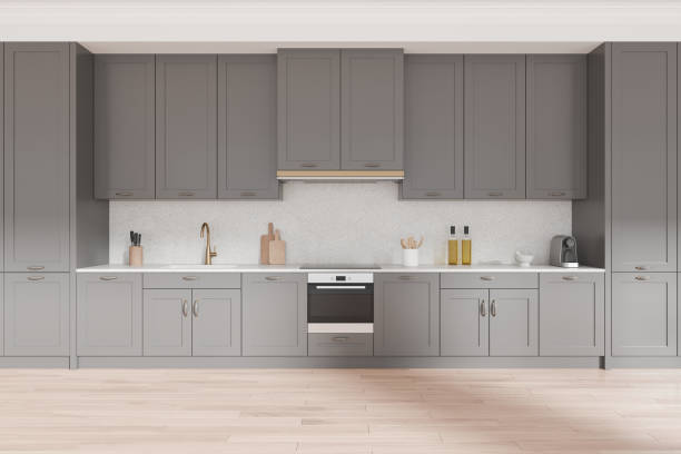 istock Modern kitchen interior with gray cabinets and wooden floor. 3D Rendering 2185253999