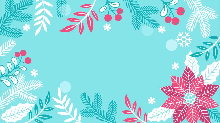 Motion graphics Christmas frame with poinsettia, Christmas tree branches, mistletoe on a blue background. 4K animation