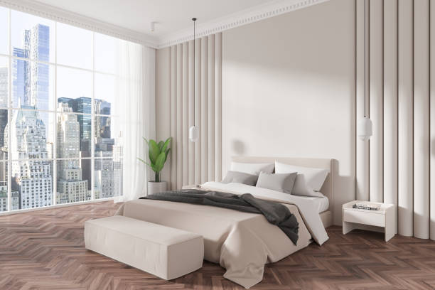istock Cozy home bedroom interior with bed and nightstand, panoramic window 2185254793