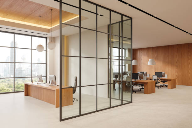 istock Stylish glass reception room interior and coworking space, panoramic window 2185254828