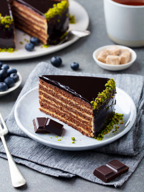 istock Chocolate cake slice on a plate with blueberries. Grey background. Close up. 2185256199