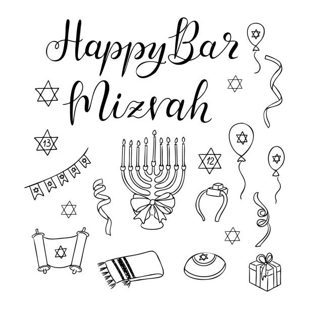 Bar Mitzvah vector doodle illustration Bar Mitzvah vector doodle illustration with symbols like Torah, Menorah, Star of David, kippah. Perfect for invitations, celebrations, and Jewish designs. Contour drawings isolated on white background bar mitzvah stock illustrations