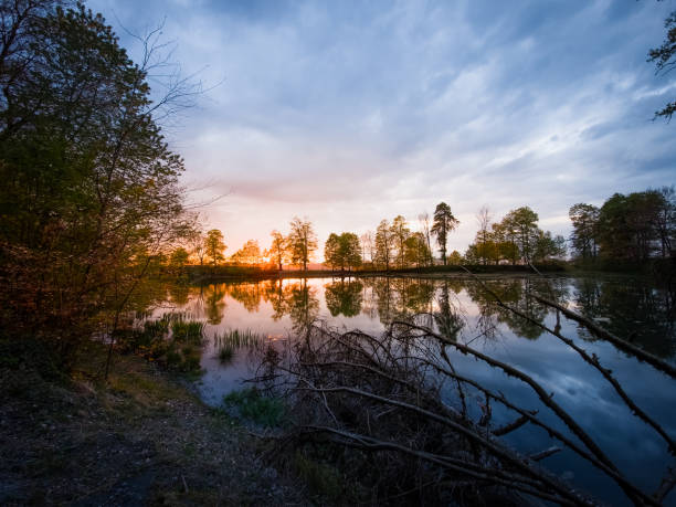 an evening jogging turns into a magnificent golden hour time, creating a stunning view with amazing reflection of the skies and the sun at the lake's water
