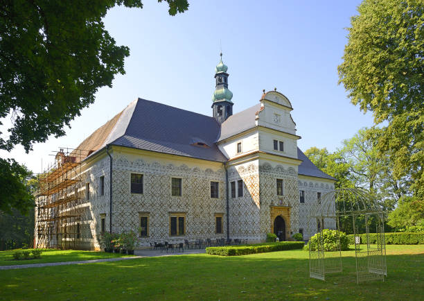 Bojnice, Slovakia: Famous Bojnice Castle in Bojnice, Slovakia. Aerial panorama at clear summer day.
